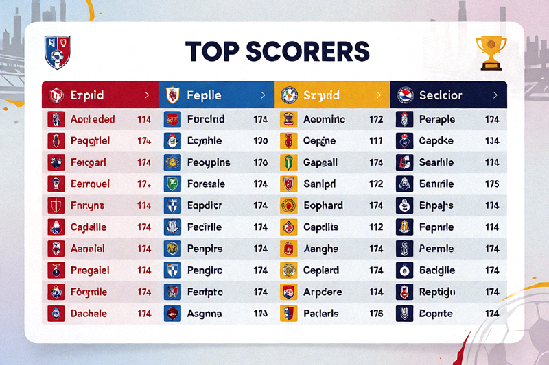 球员数据统计画面，展示射手榜前列球员的进球数据